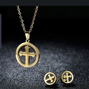 Stainless Steel Circle Cross Stud Earrings Necklac